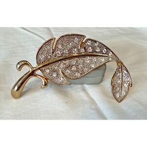 Gold-Tone Curling Leaf Brooch Sparkling Rhinesones Extra Large 5.5"